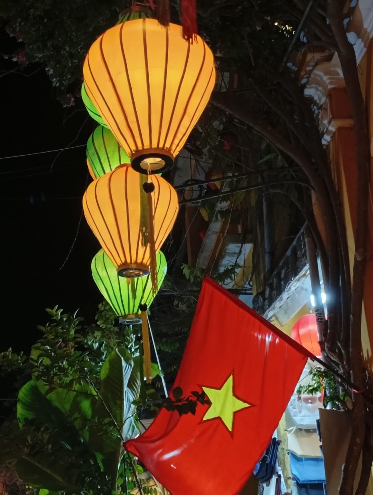 Lanternes et le drapeau vietnamien suspendus, photo gratuite