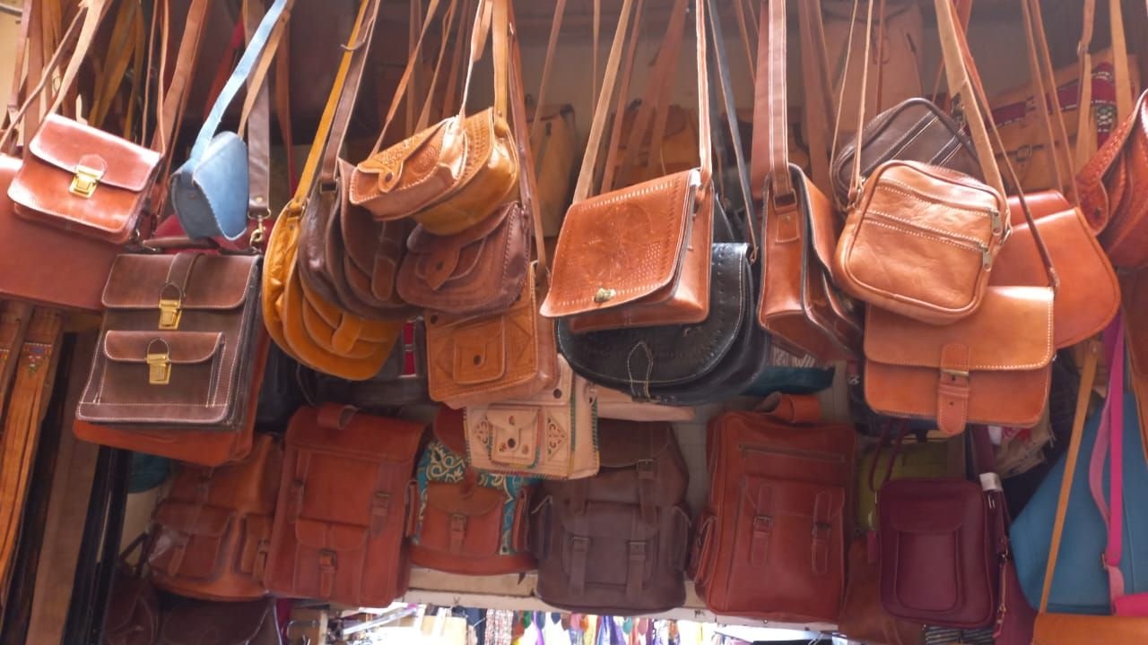 Collection of hanging leather bags free photo