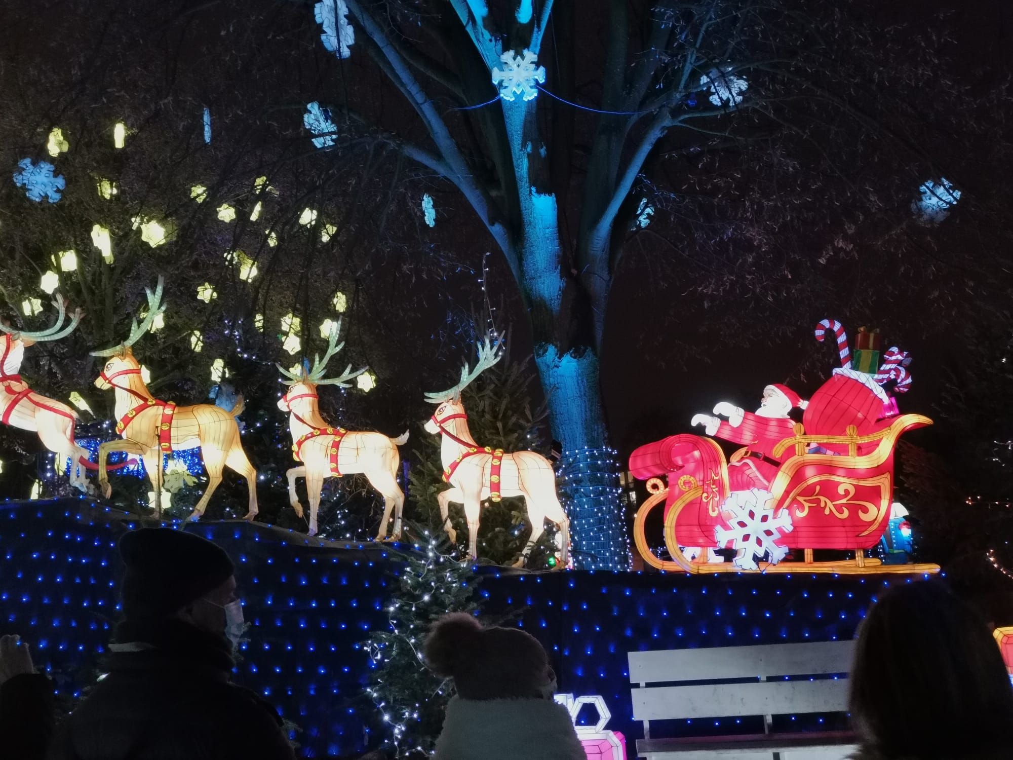 Père Noël et ses rennes illuminés au sentier des lanternes à Metz