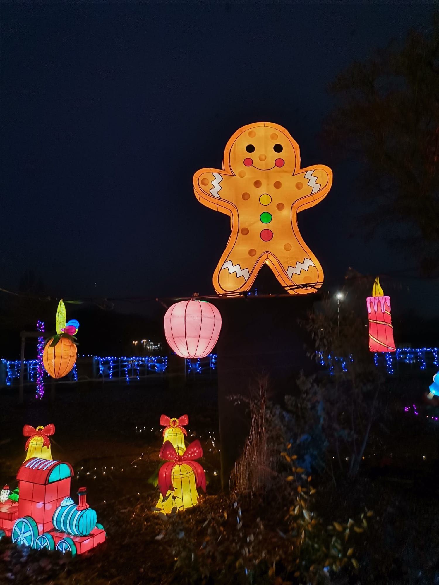 Bonhomme en pain d'épices suspendu au sentier des lanternes à Metz