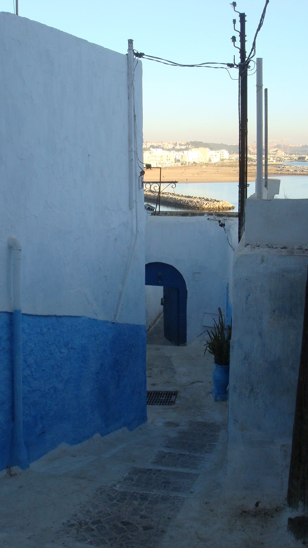 Une ruelle de la Kasbah des Oudayas entourée des bâtiments bleus et blancs qui emmène à la plage photo gratuite