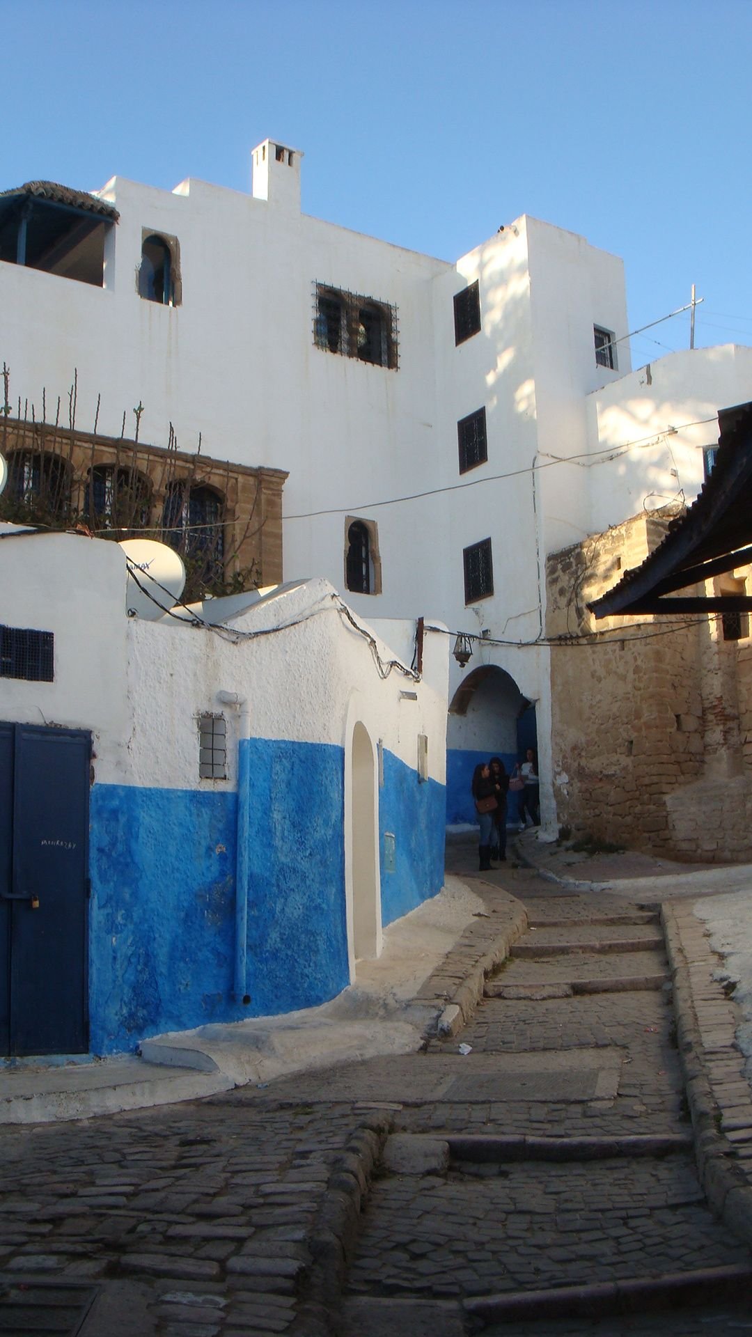 Une ruelle pavée étroite bordée de maisons blanches et bleues de la Kasbah des Oudayas photo gratuite