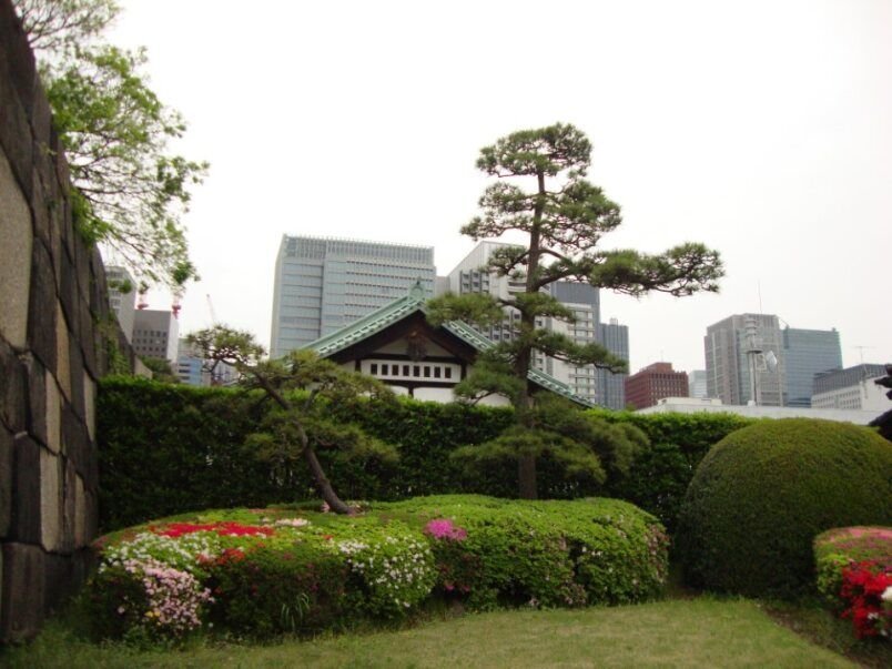 Un jardin japonais avec des arbres soigneusement taillés, des buissons fleuris et une maison traditionnelle photo gratuite