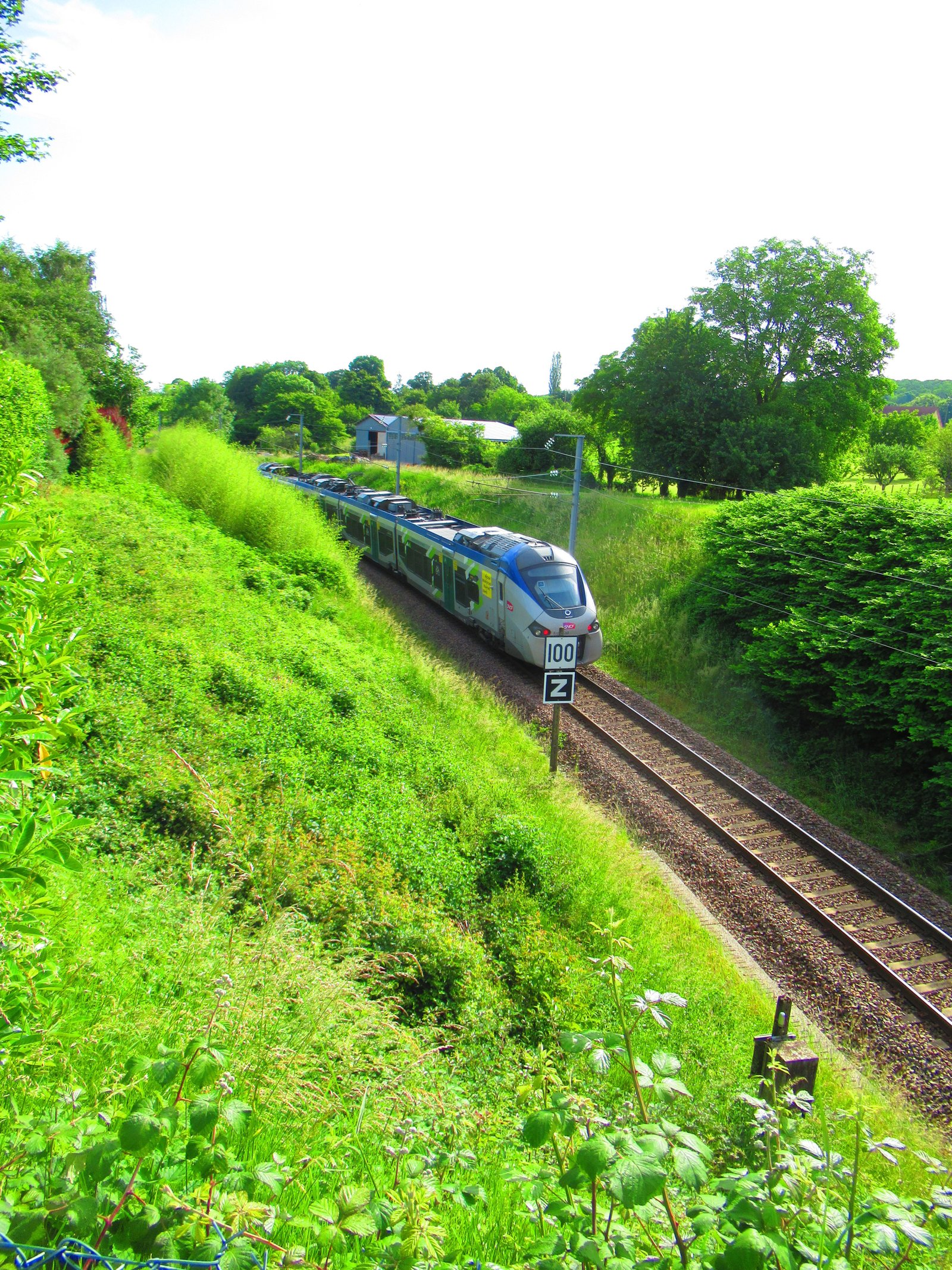 Un train TER (Transport Express Régional) et un panneau de signalisation ferroviaire, photo gratuite