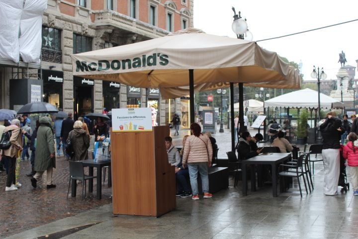 Des tables et des chaises installées sous le parasol, indiquant un espace de restauration McDonald's, un espace extérieur aménagé pour les clients, photo gratuite
