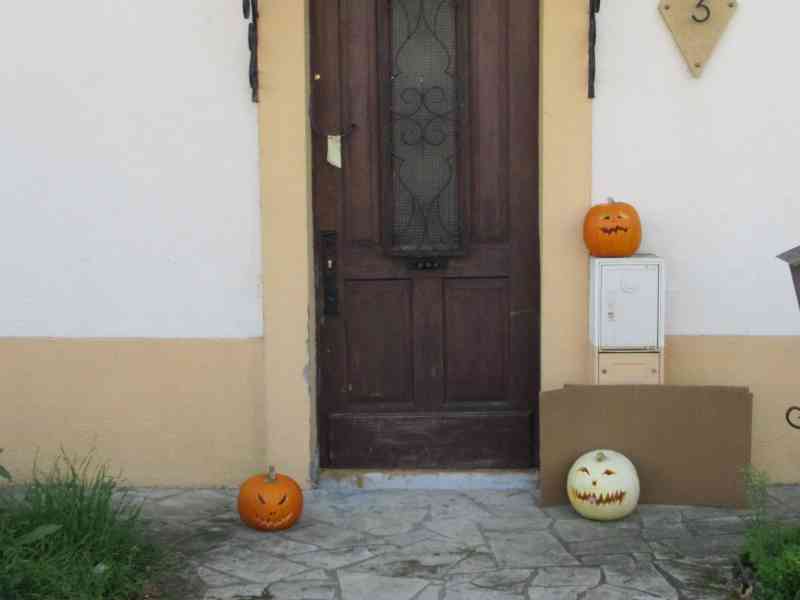 Façade d'une porte d'entrée avec marquise en verre citrouilles