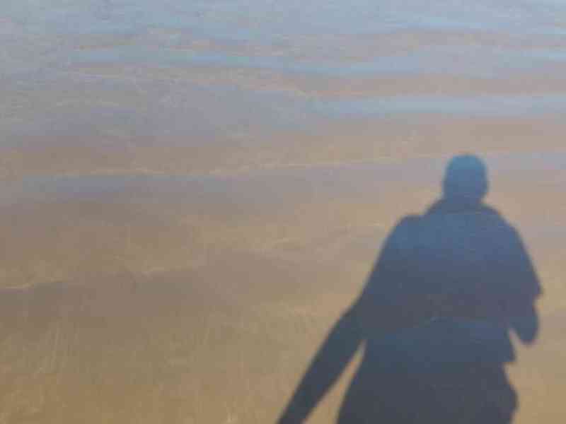 silhouette d'un homme tenant une chaussure à la plage