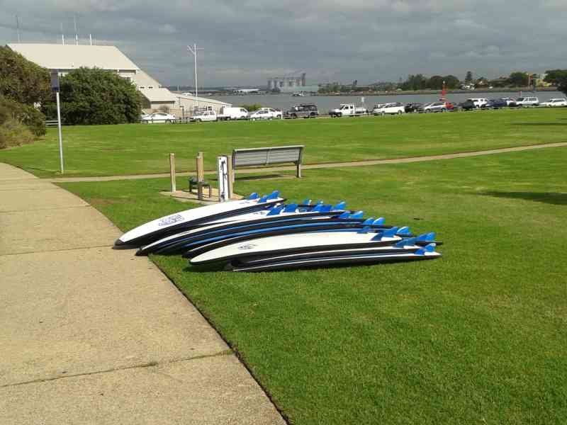 Planches de stand-up paddle (SUP) posées sur l'herbe, photo gratuite