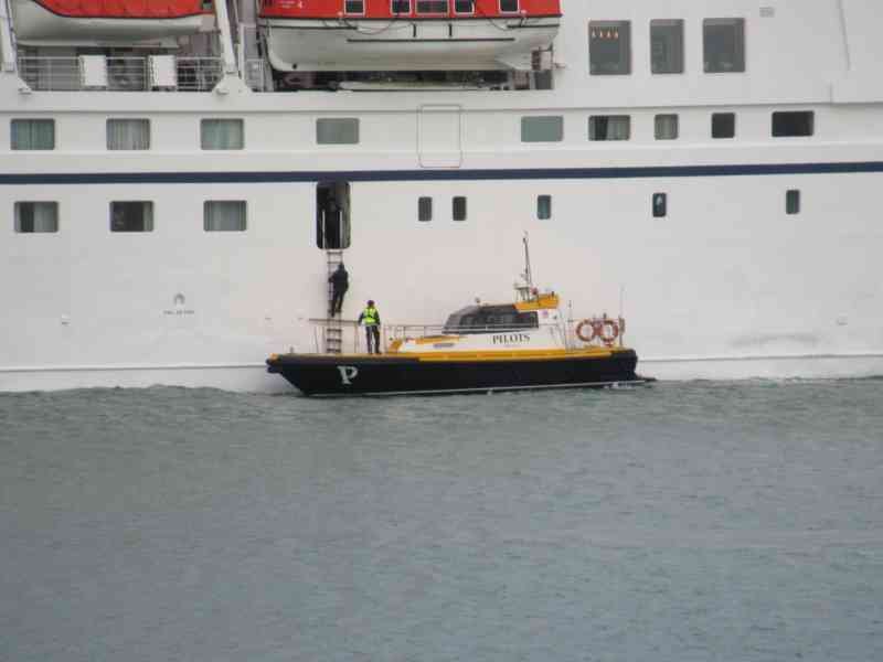 Bateau pilote collé a un bateau de croisière au bord de la mer, personne qui escalade l'échelle tentant d'atteindre l'intérieur du bateau photo gratuite